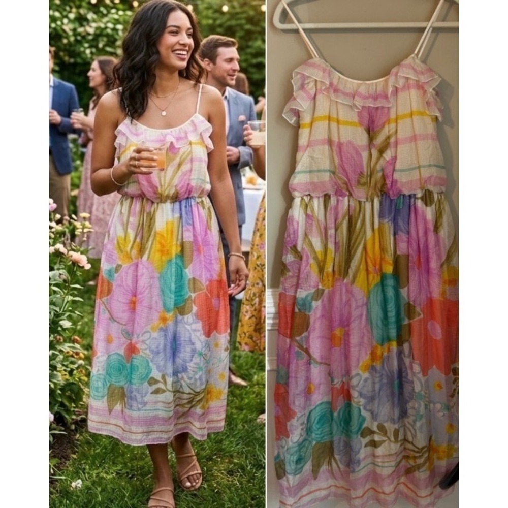 Jonathan Hitchcock for Reuben Thomas Vtg 70s Silk Floral Ruffle Dress Size 8